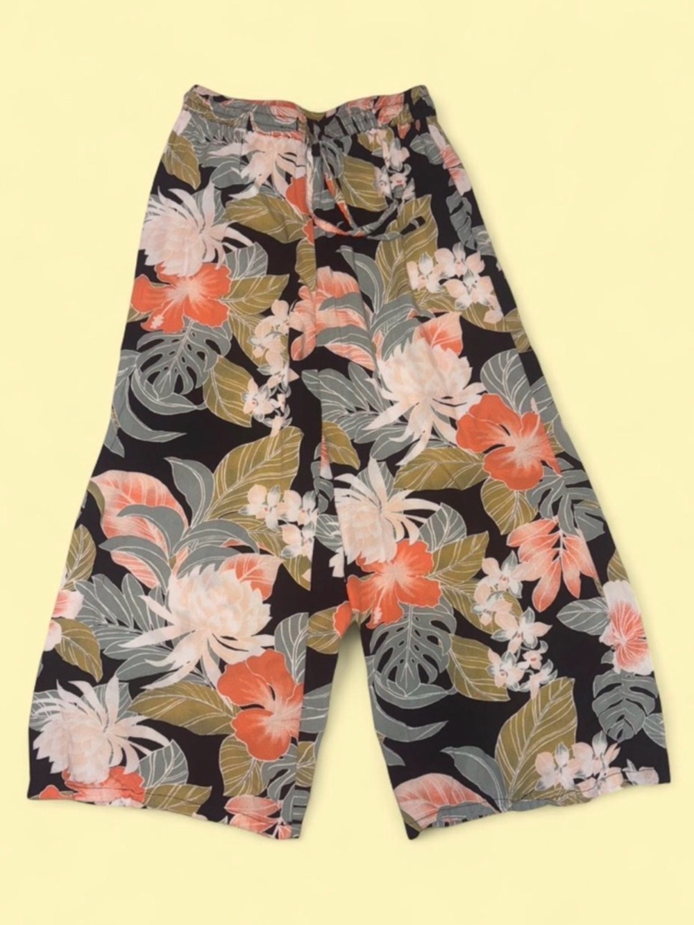 Volcom Tropical Floral Wide Leg Pants - Black Base with Coral & Olive Print
